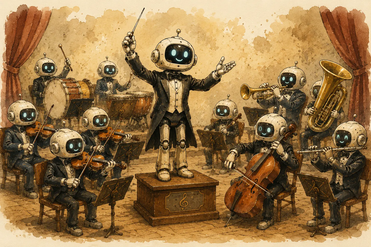 Ilustração em estilo aquarela vintage de um robô maestro conduzindo uma orquestra sinfônica formada por robôs músicos. Cada robô toca um instrumento diferente, representando a coordenação de múltiplos agentes trabalhando em conjunto sob uma única direção.