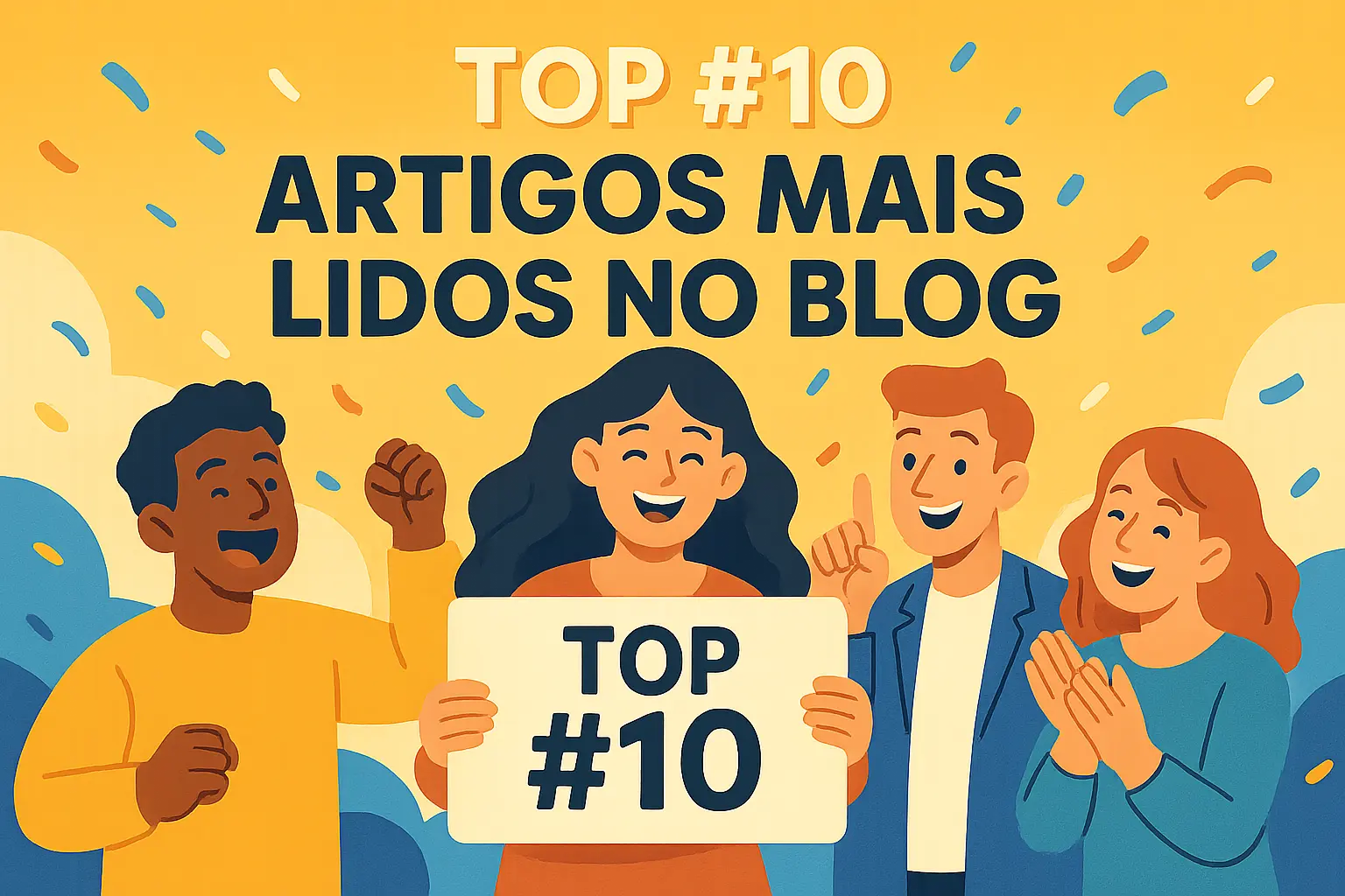 Ilustração alegre em formato paisagem com quatro personagens comemorando e segurando um cartaz com o texto “Top #10 artigos mais lidos no blog”, com confetes coloridos ao fundo.