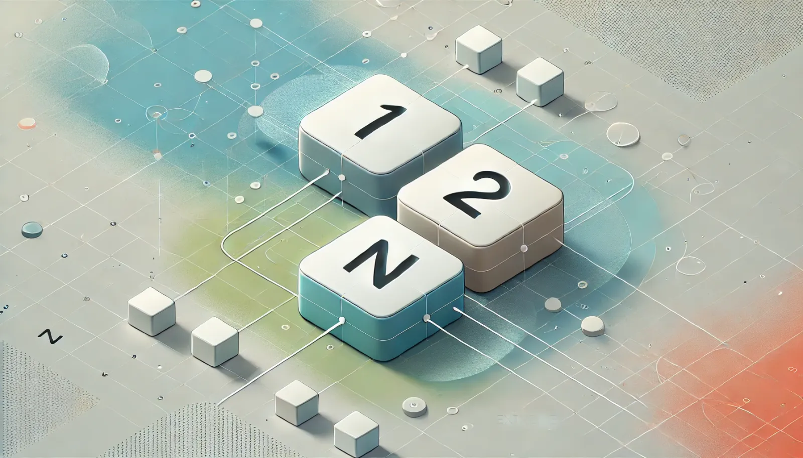 Ilustração conceitual do padrão '1, 2, N', com três blocos interconectados representando o fluxo incremental: um pequeno bloco inicial '1', um bloco intermediário '2' com maior complexidade, e uma rede diversificada 'N', sobre um fundo minimalista em tons suaves de azul, verde e cinza.