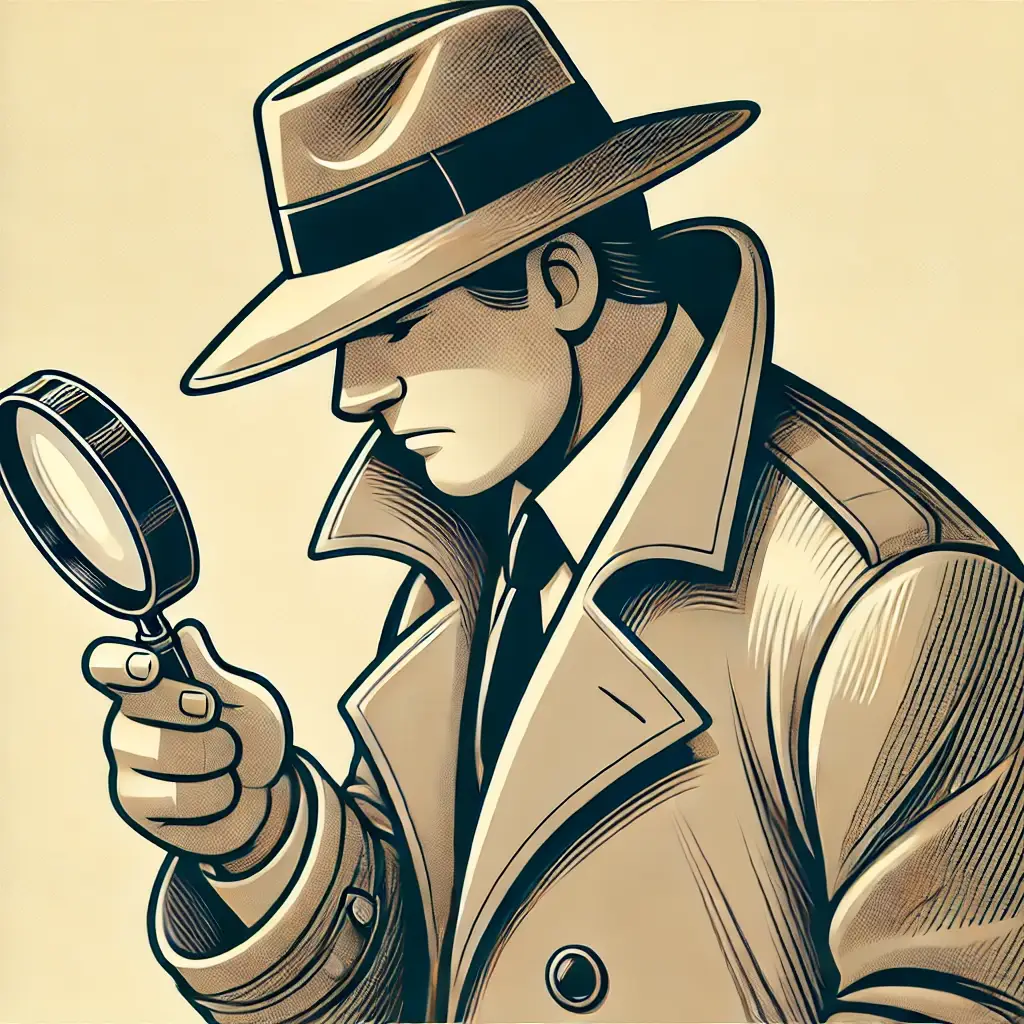 Ilustração em estilo cartoon de um detetive clássico vestindo um sobretudo e chapéu fedora. Ele segura uma lupa e examina algo com uma expressão focada e inquisitiva, transmitindo um ar de investigação e mistério. O fundo é simples e neutro, destacando a figura do detetive.