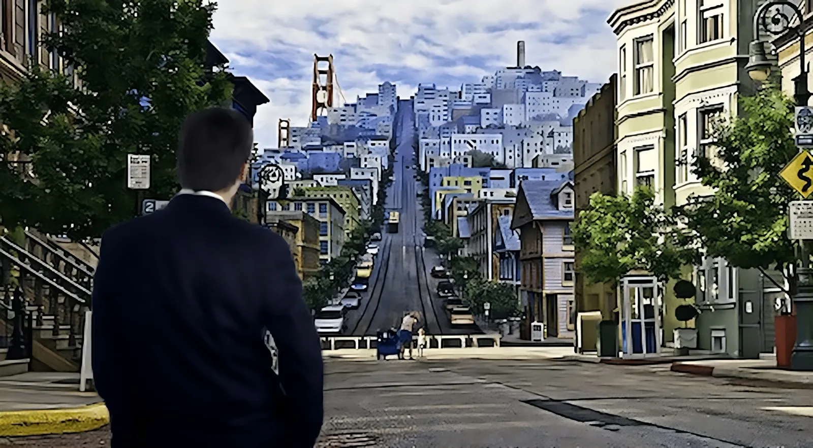 Homem de terno, visto de costas, está parado no início de uma grande avenida íngreme que se estende até o horizonte, com casas e prédios alinhados em padrão simétrico, árvores distribuídas pelas calçadas e um céu claro ao fundo. A cidade avança morro acima, criando a sensação visual de profundidade e distância. O personagem observa a paisagem com postura contemplativa, como alguém diante de um longo caminho ainda a percorrer, simbolizando a Analogia do Horizonte: a visão do futuro que existe, mas cujos detalhes só se revelam à medida que se avança.