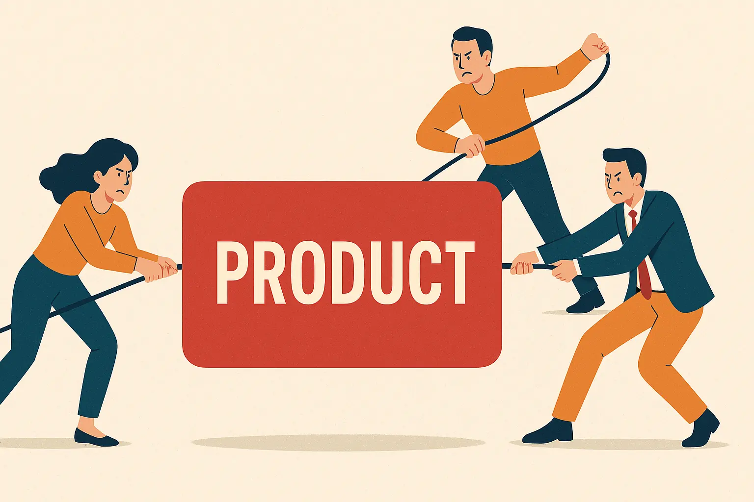Ilustração digital em estilo flat mostrando três pessoas puxando uma grande placa vermelha com a palavra “PRODUCT” (produto) em direções diferentes. Cada pessoa um dos papéis na gestão de produtos: Product Owner, Product Manager e Gerente de Projetos, simbolizando o conflito e a sobreposição de responsabilidades na condução de um único produto.