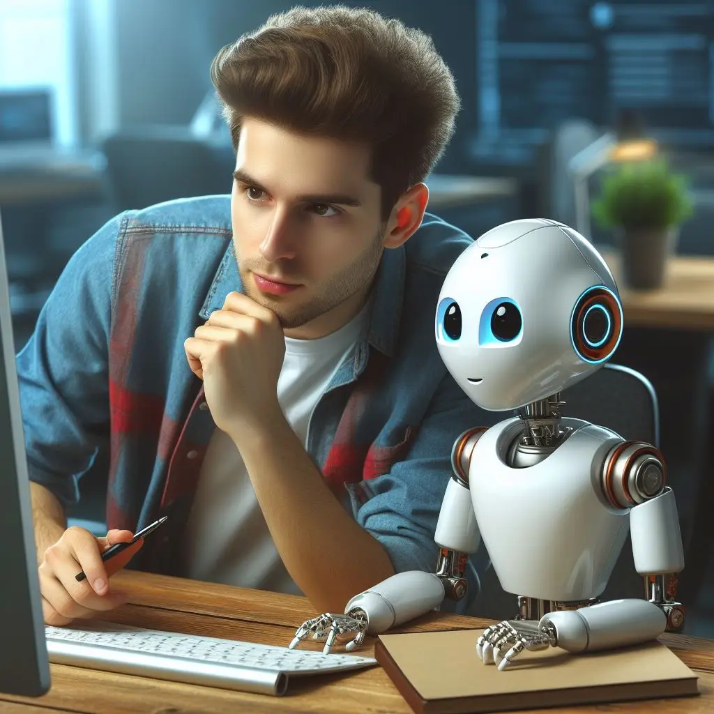 Um homem programando em par com um robô representando a inteligência artificial