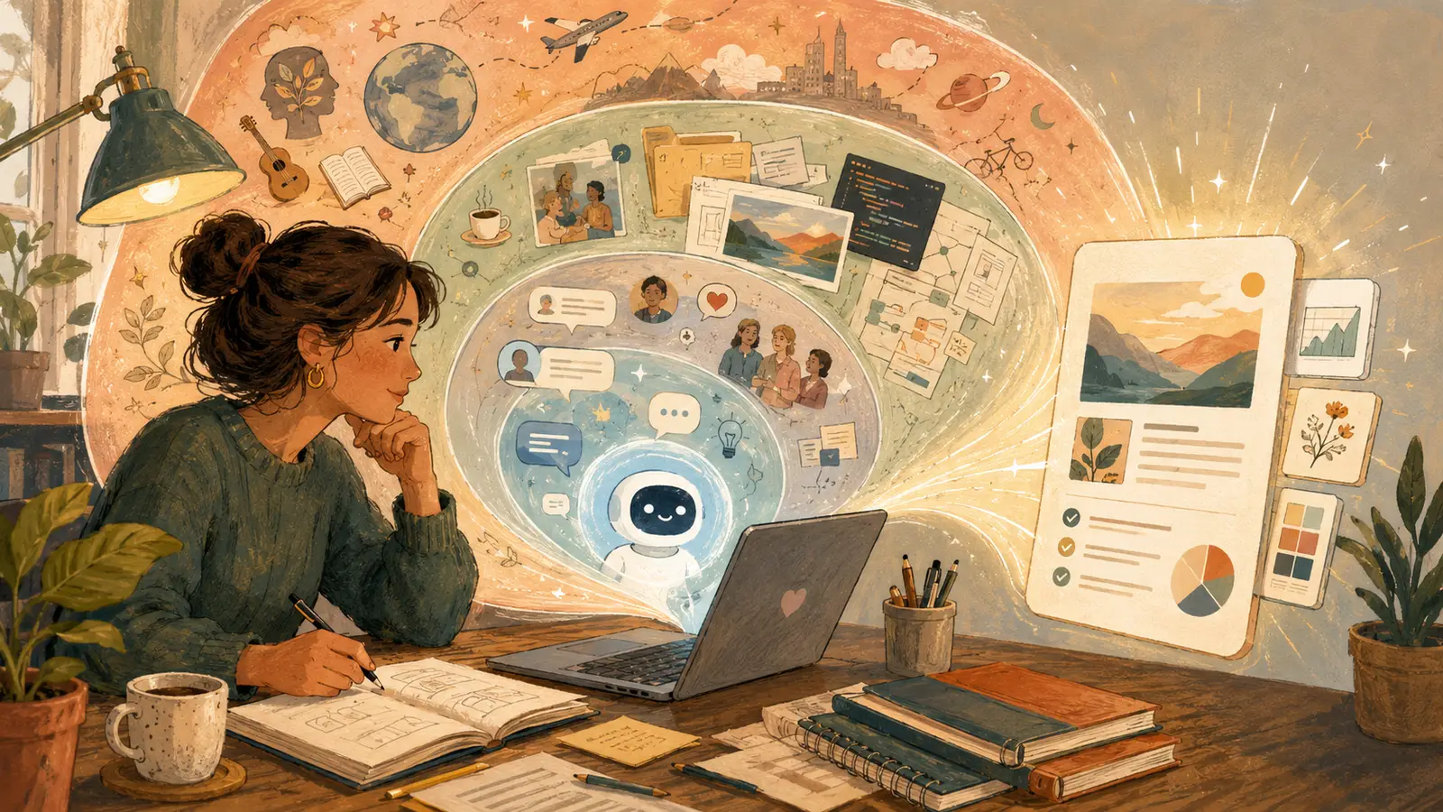 Ilustração em estilo pintado mostra uma mulher trabalhando no notebook enquanto camadas de contexto e um assistente de IA se organizam ao redor dela até gerar um resultado final.