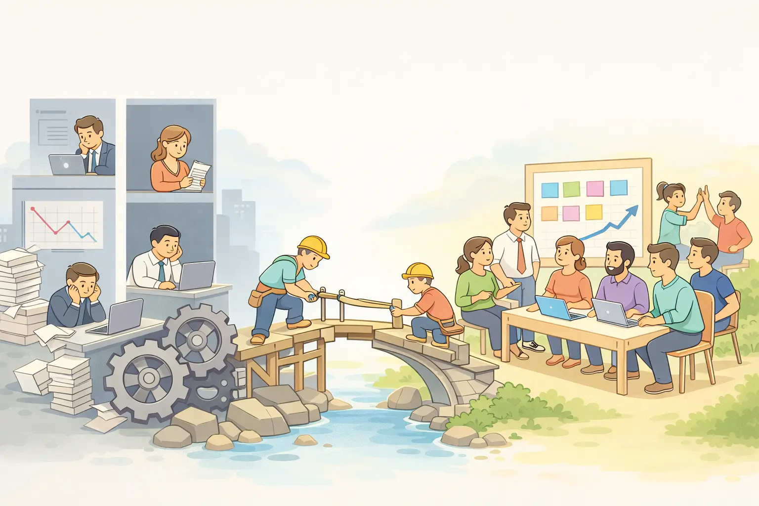 Ilustração em estilo cartoon flat mostrando os desafios mais comuns na implementação da agilidade em uma organização, com contraste entre uma estrutura tradicional fragmentada, a fase de transição e um time ágil colaborando com foco em valor.