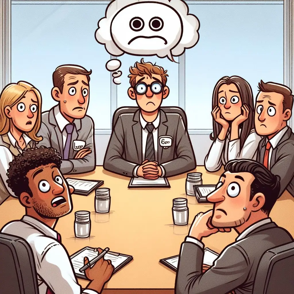 Grupo de pessoas em volta de uma mesa com a cara de assustados olhando para você.