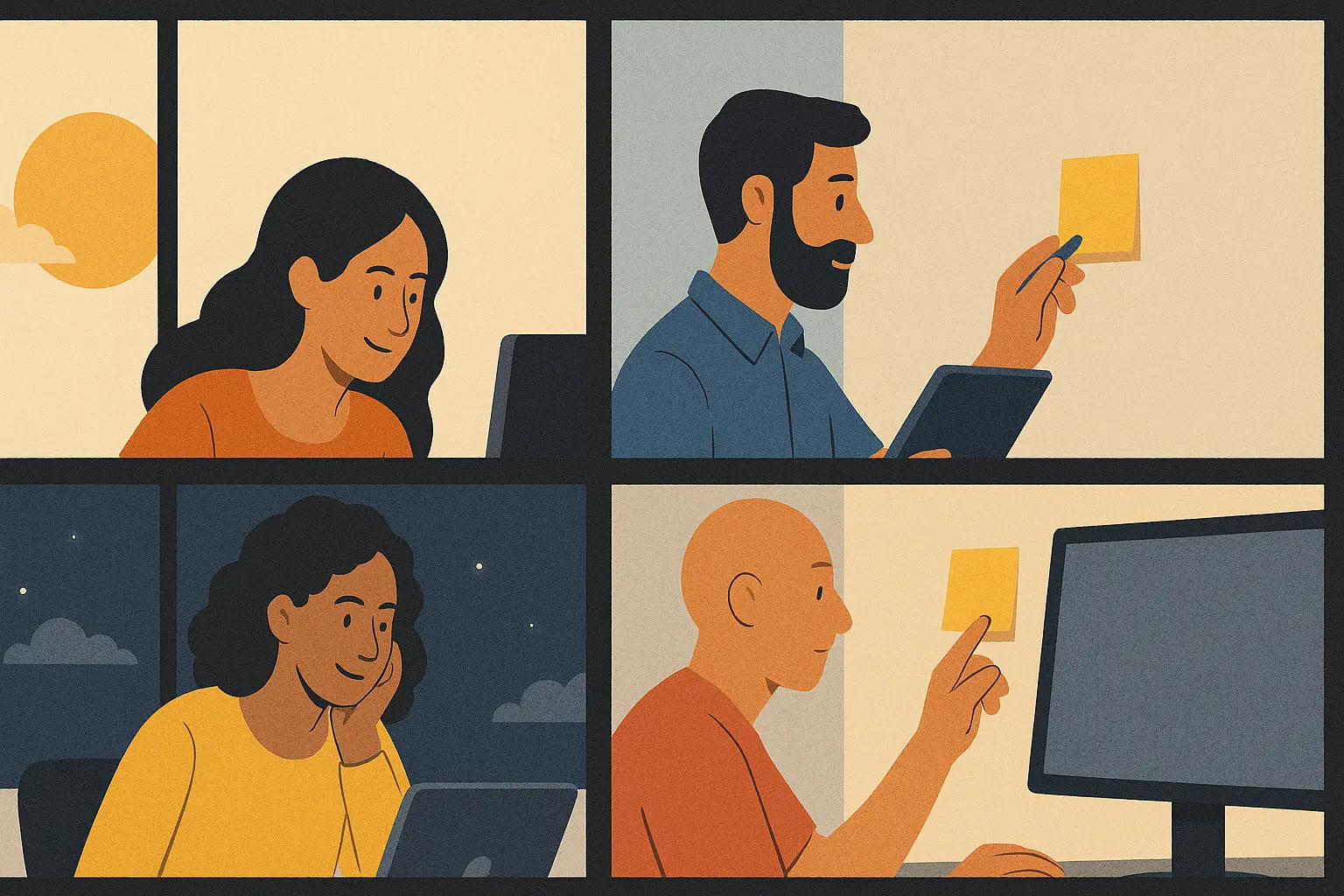 Ilustração digital em formato paisagem dividida em quatro cenas, representando pessoas trabalhando em diferentes momentos do dia. No quadrante superior esquerdo, uma mulher digita no computador com o sol ao fundo. No quadrante superior direito, um homem segura um tablet e fixa um recado em um post-it amarelo na parede. No quadrante inferior esquerdo, outra mulher trabalha no notebook à noite, com lua e estrelas pela janela. No quadrante inferior direito, um homem sentado em frente ao monitor posiciona um post-it amarelo, como quem deixa uma mensagem para o próximo turno.