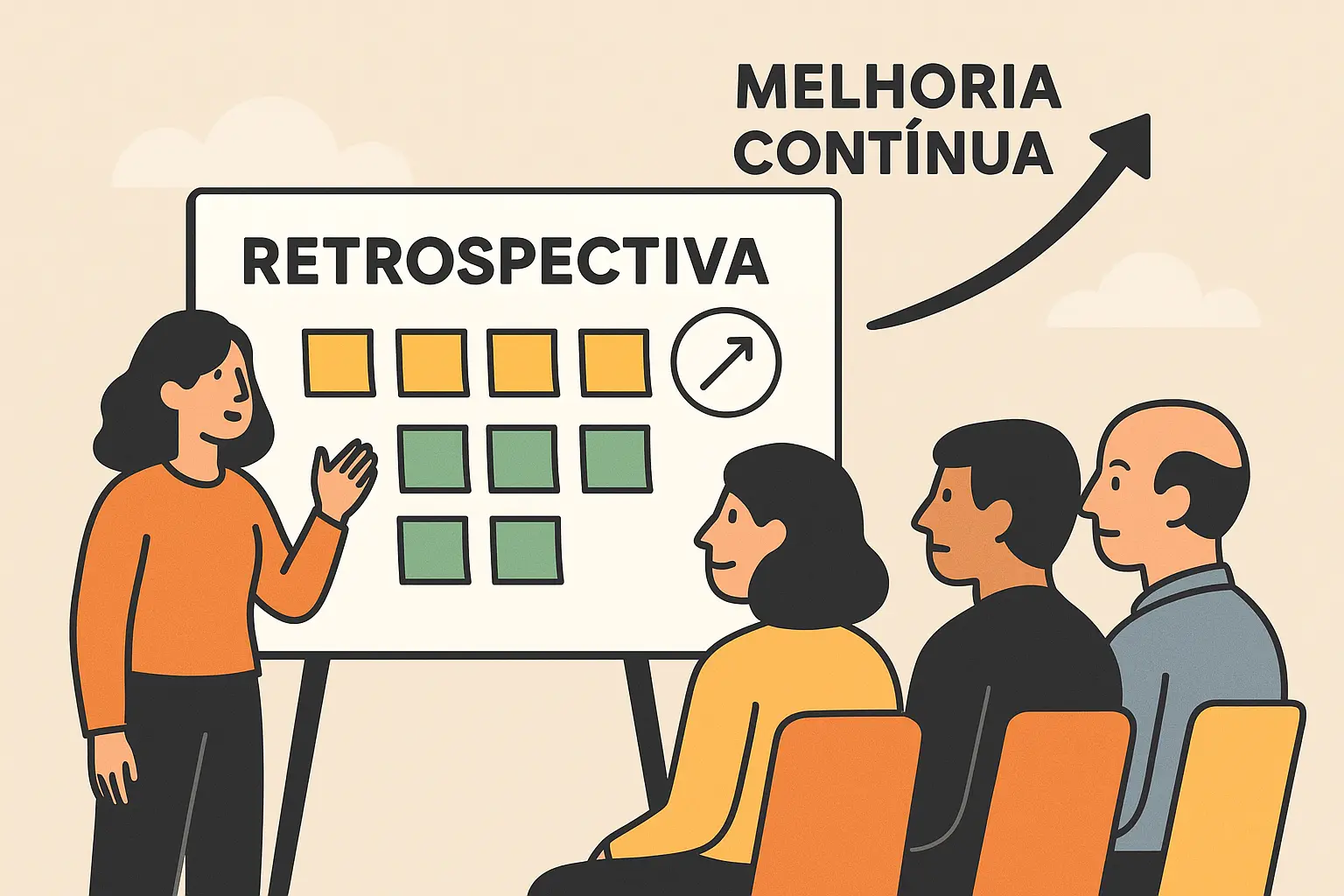 Ilustração de uma equipe em uma reunião de retrospectiva Ágil, com uma facilitadora apresentando um quadro cheio de post-its e uma seta indicando melhoria contínua.