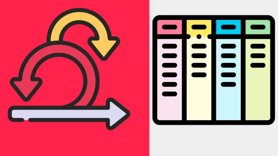 A imagem apresenta dois ícones representando metodologias ágeis, separados por um ponto de interrogação. À esquerda, há o símbolo do Scrum, com duas setas curvas sobrepondo uma linha reta, nas cores vermelha e amarela. À direita, há um ícone representando um quadro Kanban, com colunas coloridas e listas de tarefas dentro delas. O ponto de interrogação no centro sugere uma comparação ou questionamento sobre qual método escolher.