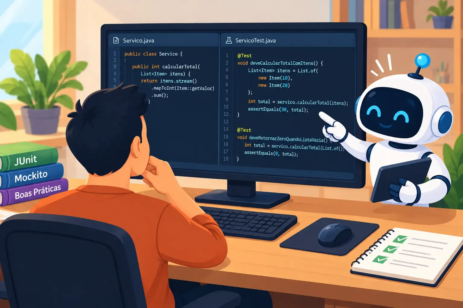 Ilustração de um desenvolvedor diante de um monitor com código Java enquanto um robô de inteligência artificial o auxilia na criação de testes unitários com JUnit e Mockito, apontando para os testes exibidos na tela.