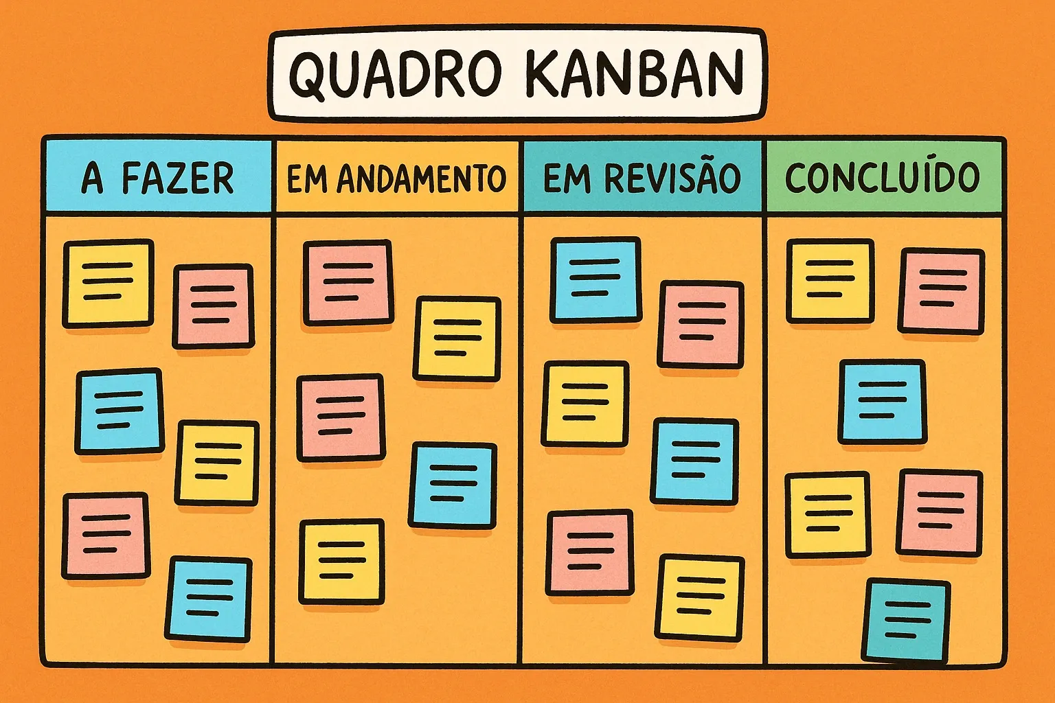 "Quadro Kanban em estilo cartoon com quatro colunas — A Fazer, Em Andamento, Em Revisão e Concluído — preenchidas com post-its coloridos em amarelo, rosa e azul, distribuídos de forma equilibrada sobre um fundo laranja vibrante."