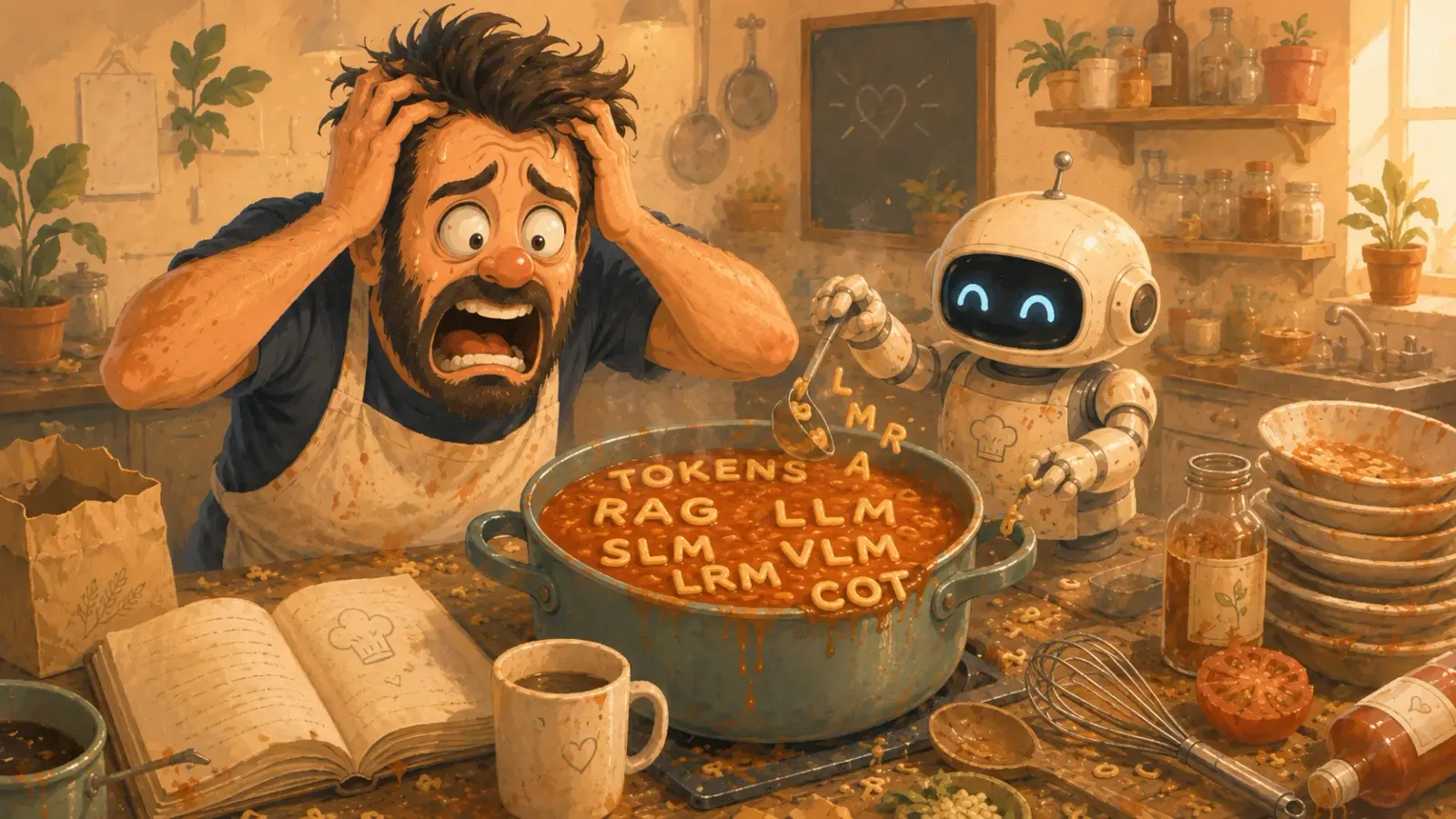 Ilustração em estilo acolhedor mostrando um homem desesperado em uma cozinha bagunçada diante de uma sopa de letrinhas, enquanto um pequeno robô prepara a receita, representando de forma divertida o uso da inteligência artificial para organizar ideias em meio ao caos criativo.