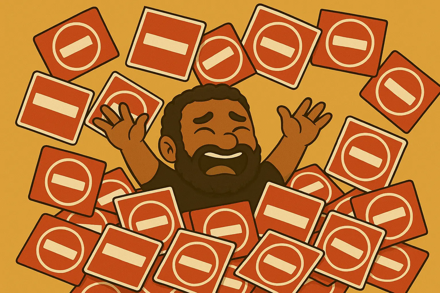 Avatar masculino em estilo cartoon sendo soterrado por vários sinais de bloqueio vermelhos indicando bloqueio, com expressão de desespero.