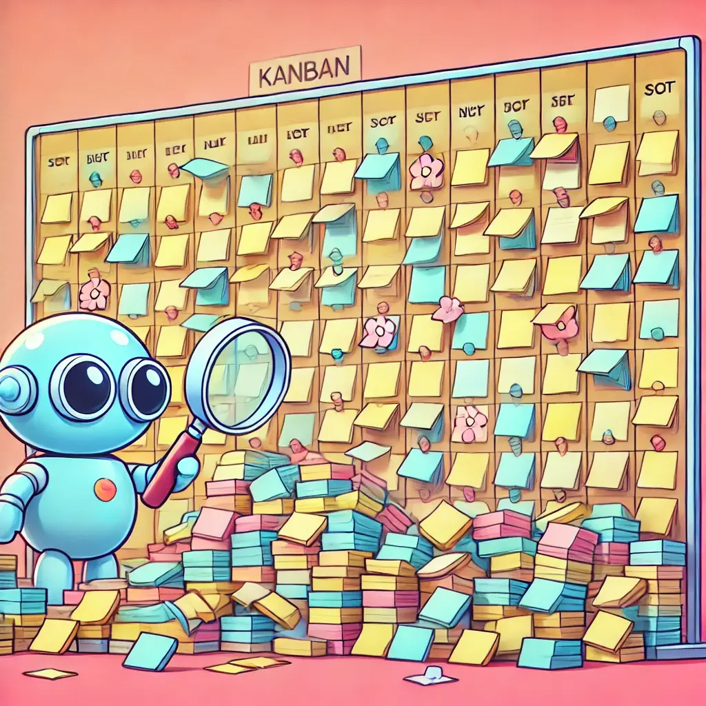 A imagem mostra um quadro Kanban com várias colunas, cada uma preenchida com post-its coloridos. Uma coluna específica está extremamente congestionada, com uma quantidade massiva de post-its, tantos que eles estão transbordando e caindo para fora do quadro. Um simpático robô, com um design amigável e em estilo cartoon com tons pastéis, segura uma lupa e observa atentamente essa coluna superlotada, simbolizando a identificação de gargalos no fluxo de trabalho. Não há textos ou letras no quadro, mantendo o foco visual nos elementos gráficos.