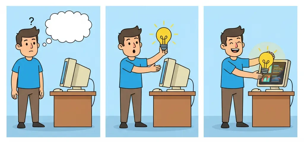 Vibe coding: Homem com ideia colocando lâmpada em computador, processo criativo.