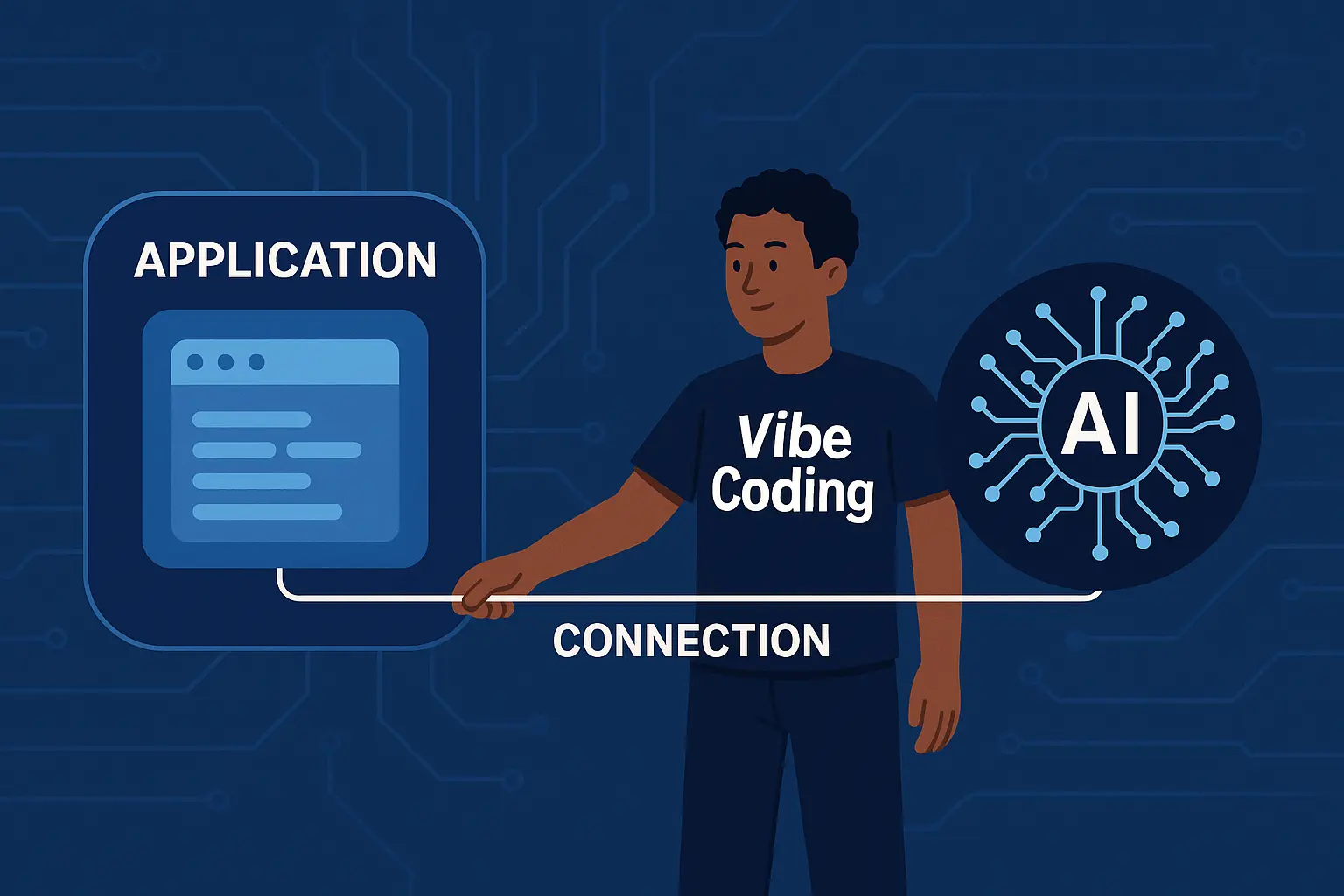 Pessoa com camisa escrita Vibe Coding realizando a conexão entre uma aplicação e uma inteligência artificial, representadas por ícones, em layout horizontal tecnológico.
