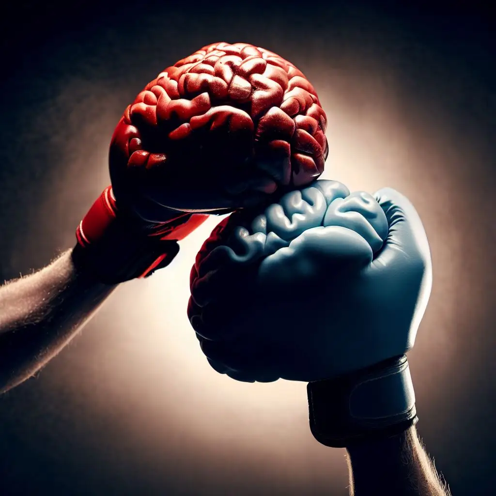 Viés cogntivo. Duas luvas de boxe com o formato de um cérebro.. Uma vermelha outra azul e ambas estão se tocando.