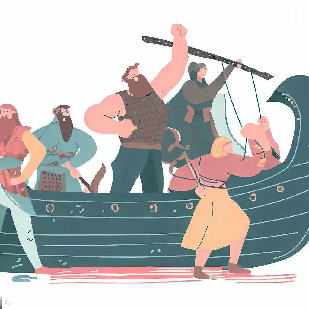 Vikings em um barco. São homens e mulheres em um barco no chão.